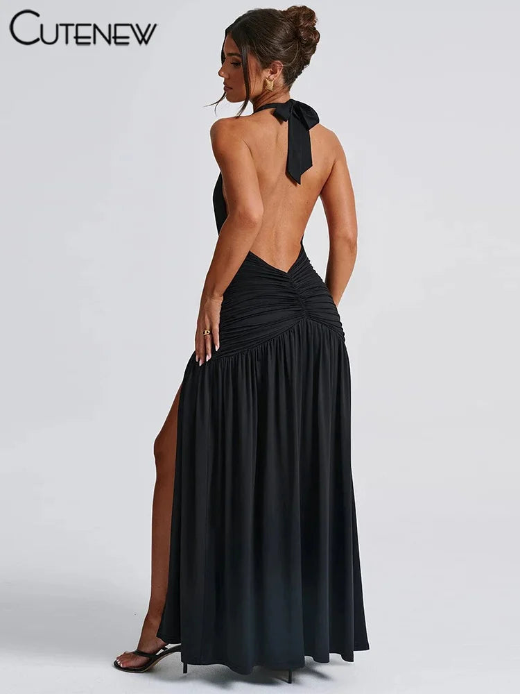 Nibber Elegant Women Long Dresses Solid Hipster Halter V-neck Backless Shirring Side Split Vestidos Female High Street New Robe