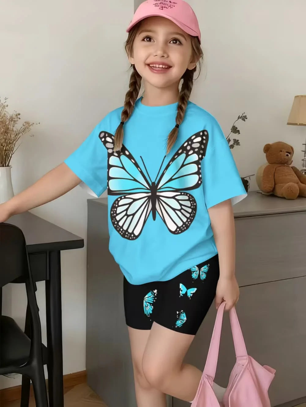 2-Piece Summer Children's Comfortable Cute Butterfly 3D Print Short Sleeve Shorts Set for Boys and Girls Casual Home Outdoor Set