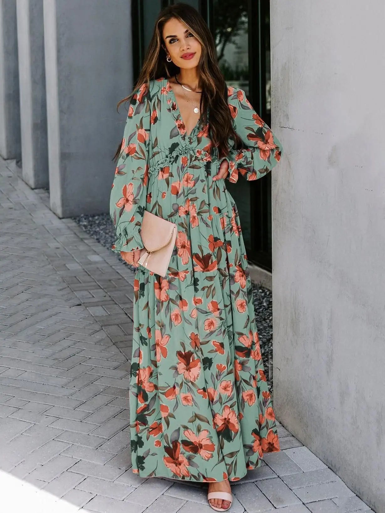 Elegant Floral Print Women Summer Casual Ruffle Layered Long Sleeved V-neck A Line Long Maxi Party Loose Boho Dresses