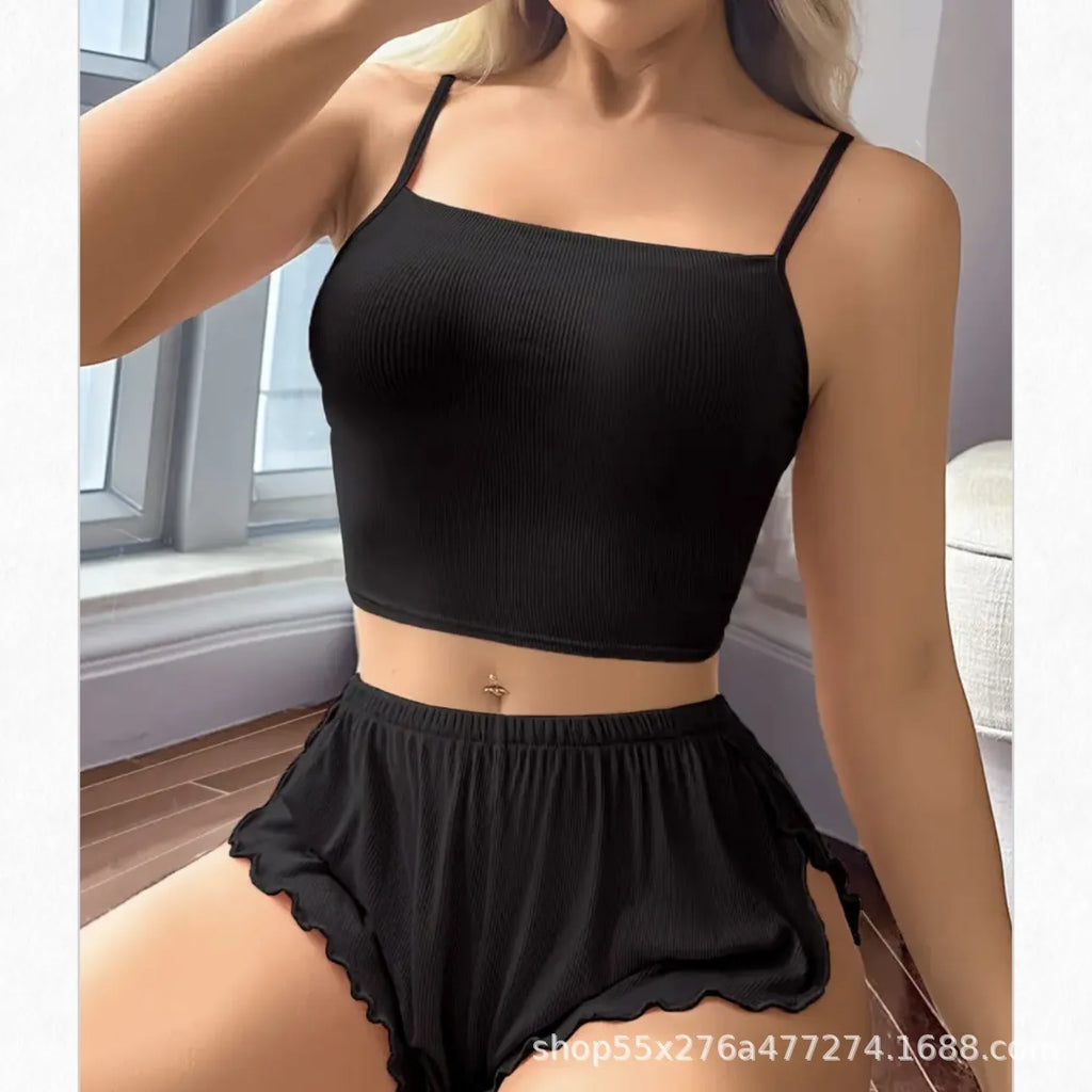 Ladies Pure Color Home Leisure Underwear Set Short Pants Top Thin Material Sleeveless Nightgown Comfortable Homewear Outfits