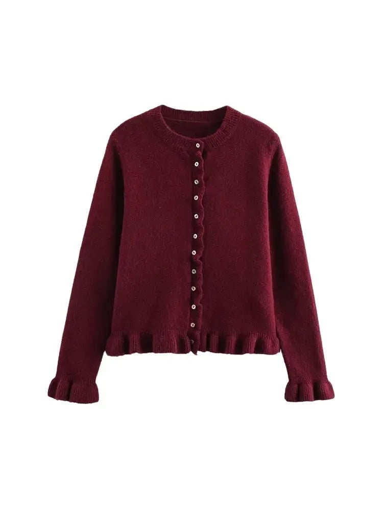 Women's Ruffled Knit Cardigan Sweater O-Neck Long Sleeve Chic Top with Front Buttons Fashion Outerwear