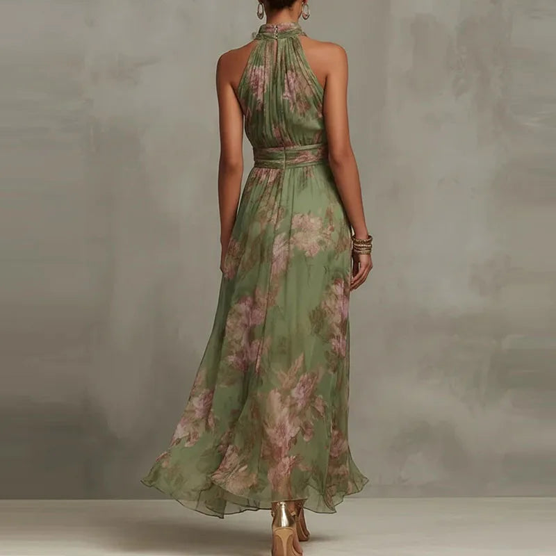 Elegant Halter Off Shoulder Hollow Party Dresses Woman Spring Floral Print Chiffon Long Dress Boho Sleeveless Summer Beach Dress