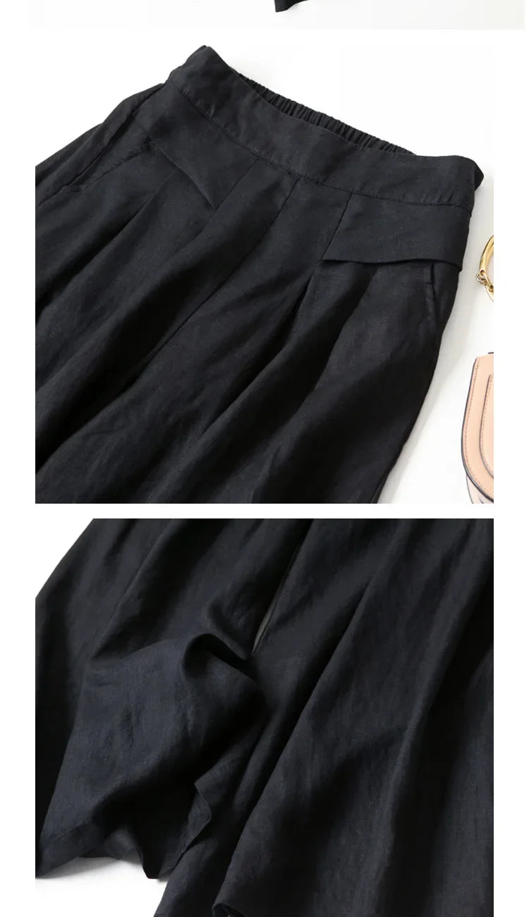 2026 Summer Women's Culottes Cotton Linen Cropped Wide Leg Pants Elastic Waist Casual Palazzo Trousers with Pockets