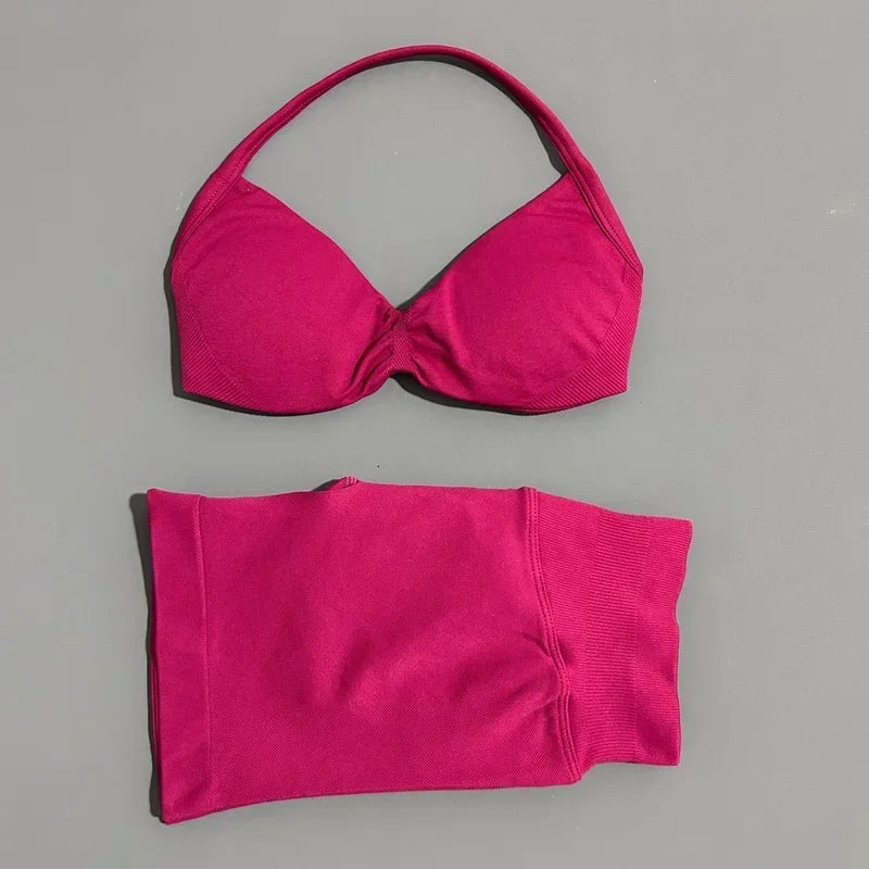 2 Piece Sport Set Women Seamless Yoga Tank Bra High Waist Scrunch Bum Gym Shorts Sets Fitness Running Workout Suit