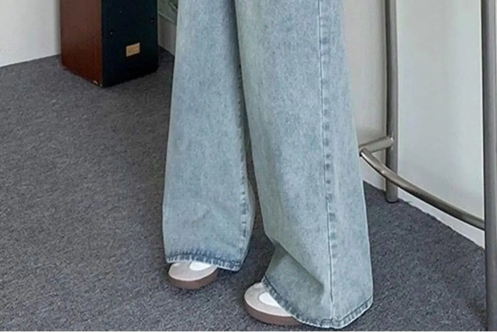 Botvotee Elastic Waist High Waist Wide Leg Jeans for Women Loose Straight Blue Long Denim Pants Female Fashion Streetwear Jeans