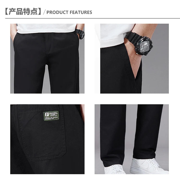 Big Size Casual Pants Men Elastic Waist Straight Leg Fit Summer Trousers Male Loose Cotton Work Wear Plus Large 6XL Khaki Light