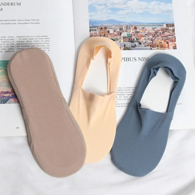 3 Pairs Men's Boat Socks 100% Cotton Deodorant Sweat Absorption Mesh Invisible Sock Thin Breathable Silicone Non-slip Silk Socks