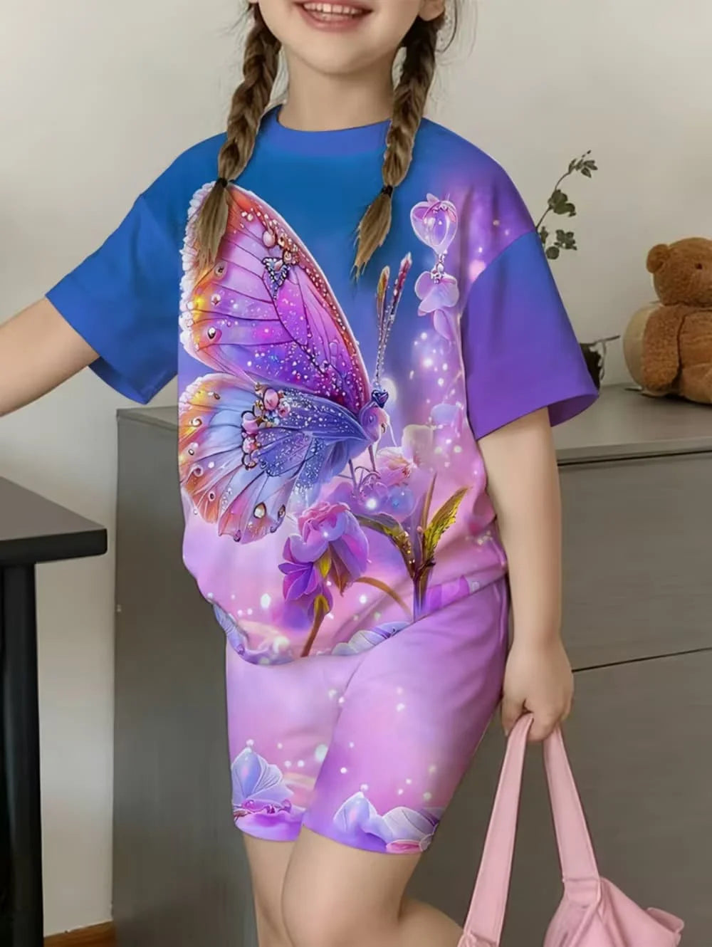 2-Piece Summer Children's Comfortable Cute Butterfly 3D Print Short Sleeve Shorts Set for Boys and Girls Casual Home Outdoor Set