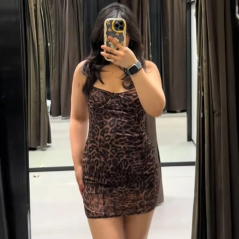 HXAO Women's Tulle Leopard Slip Dress Women's Dress Summer 2026 Mini Bustier Sleeveless Backless Dress Sexy Club Party Vestidos