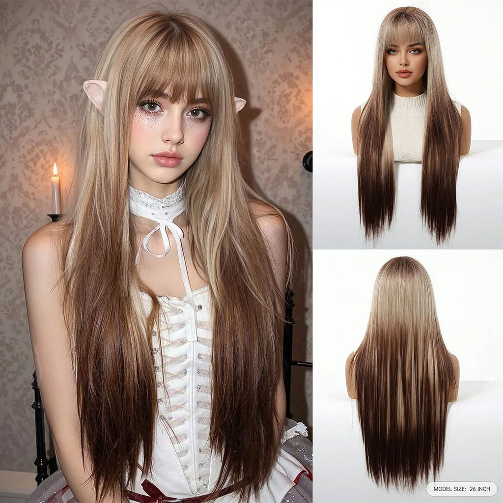 ALAN EATON Long Brown Highlight Synthetic Wigs Layered Straight Hair Wig Realistic Fake Hair for Daily Wear High Temperature Wig