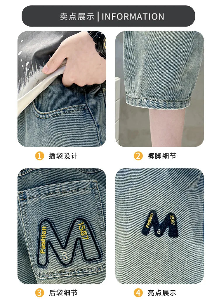 New Summer Teen Boys Shorts Jeans Fashion Letter M Embroidery Short Denim Pants For 4-14 Years Kids Children Trousers