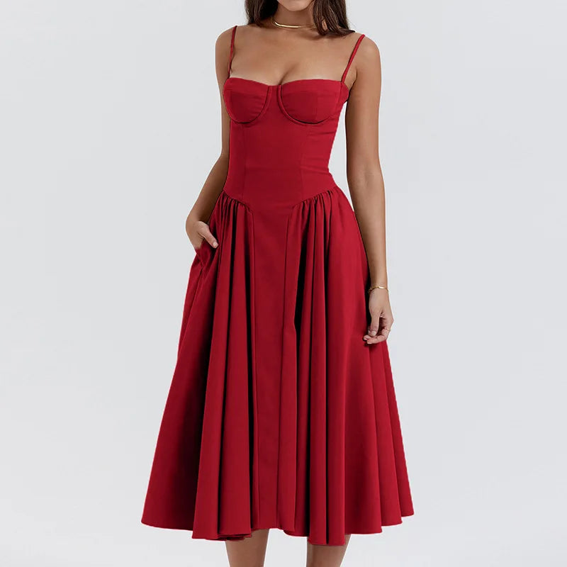 Summer Women Elegant Sleeveless Backless Pleated Dresses Lady Sexy Solid Sling Midi Dress 2024 Female Party Evening A-line Robes