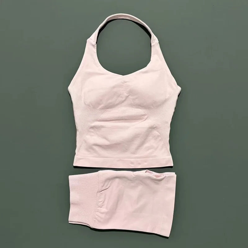 2 Peice Histello Sports Set Women Seamless Halter Top Longline Strappy Padded Scrunch Shorts Set Yoga Suit Gym Workout Sets