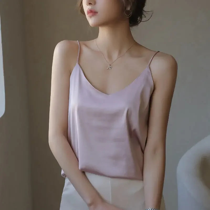 Women Halter V Neck Basic White Cami Spaghetti Strap Top Sleeveless Satin Silk 2026 Tank Tops Women'S Summer Camisole