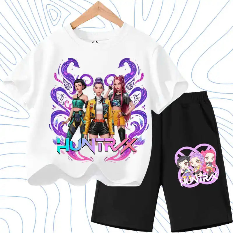 Summer Girls Casual T Shirt Sets K POP Cartoon Printed Kids Fashion Outfits Teen Children's O Neck Short Sleeve Tops Shorts 2pcs