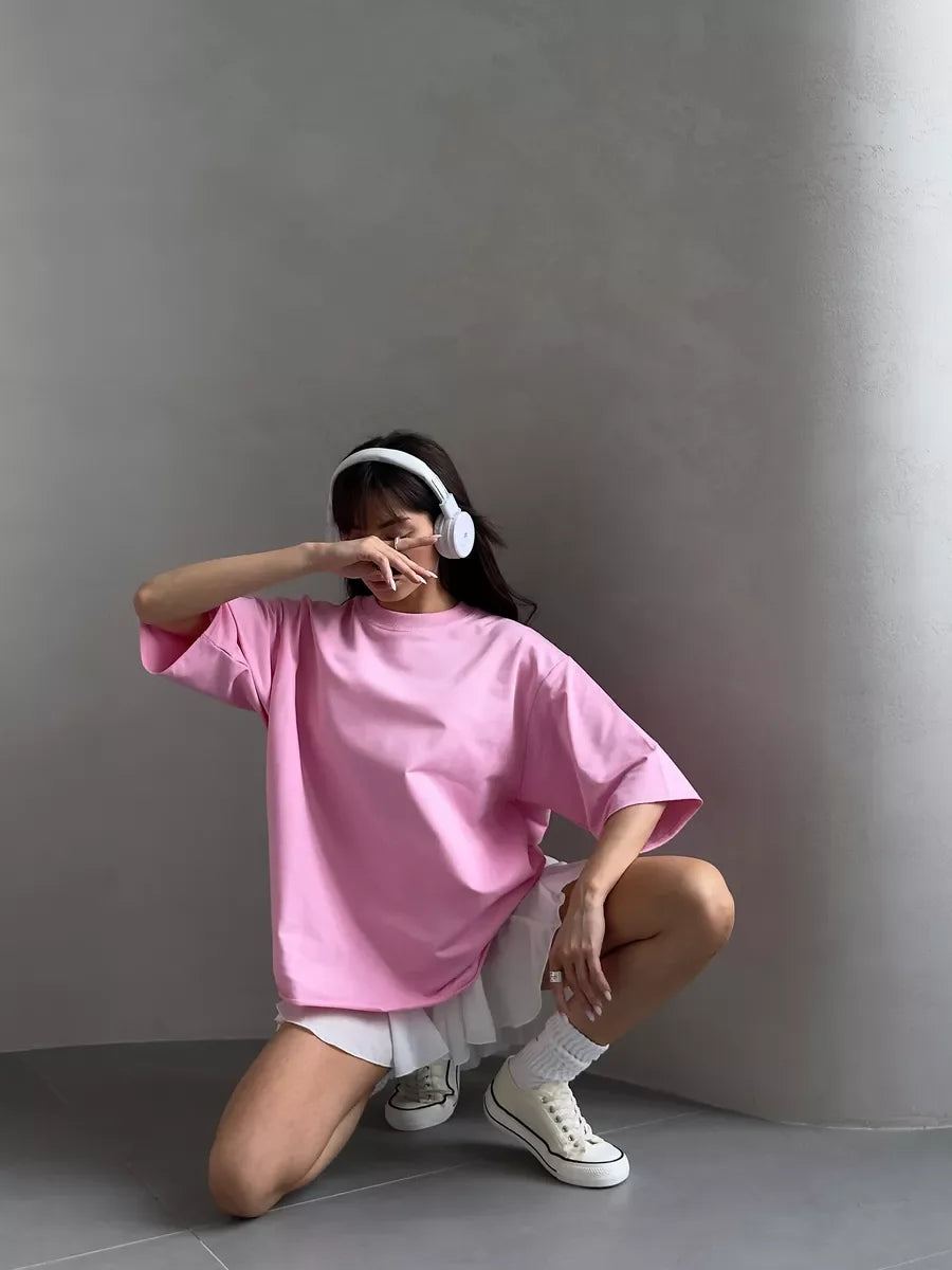 Hirsionsan Summer Casual Oversized T-shirts Women 100% Cotton Pink Loose Tees 2025 New Cusual Solid O Neck Female Aesthetic Tops
