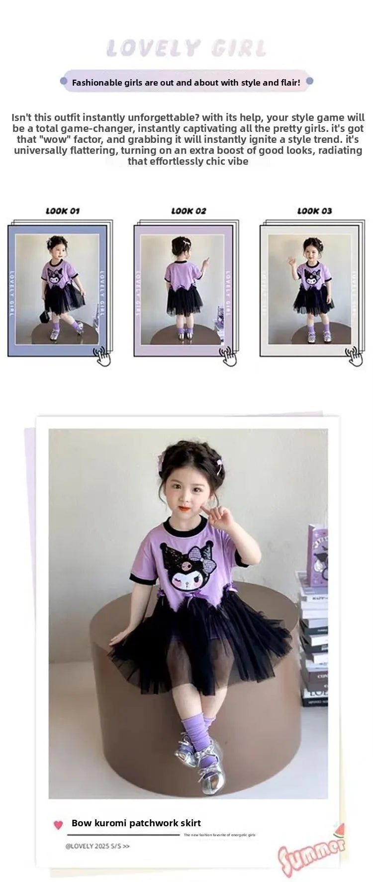 kuromi Princess Style Short Sleeve Dress for Girls Baby Mesh Skirt Summer New Arrival Children's Clothing Casual Daily Skirt