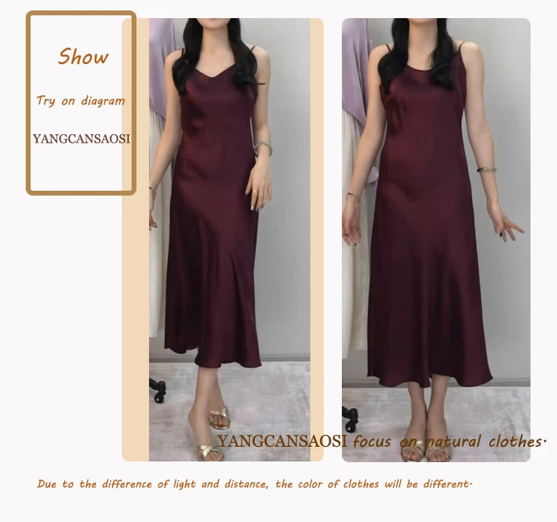 Small Heavyweight 21MM 100% Natural Mulberry Silk Plain Satin French V-neck Diagonal Cut Women's Sexy Solid Suspender Dress