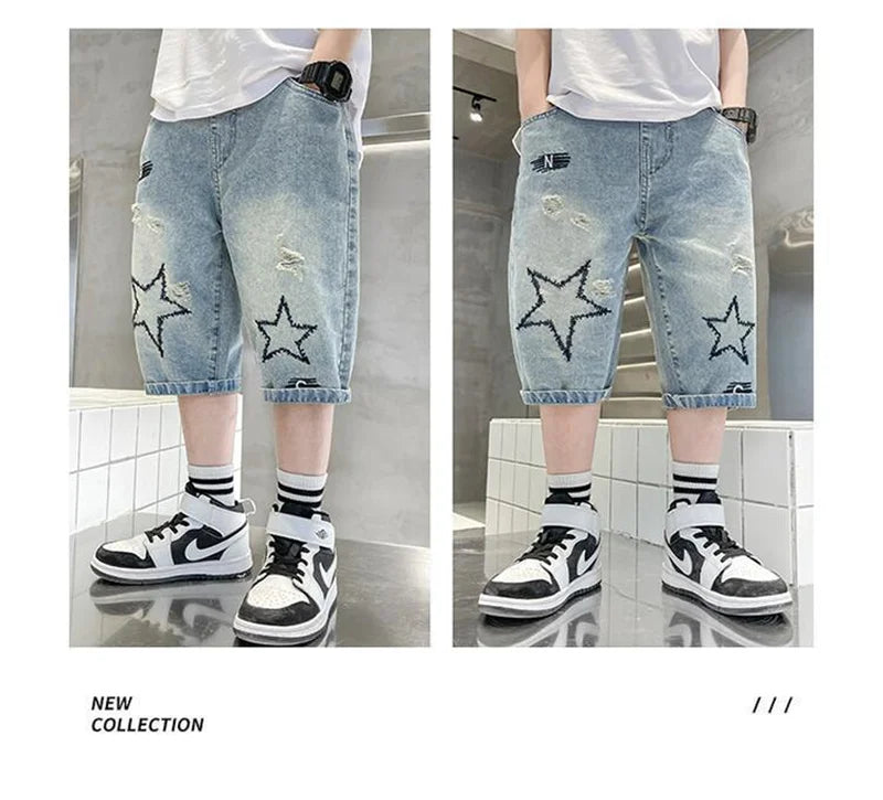 Boys Straight Denim Shorts Summer Children Casual Wide-leg Knee Length Pants Teenage Jean Short Trousers Kids Clothing 5-14 Year