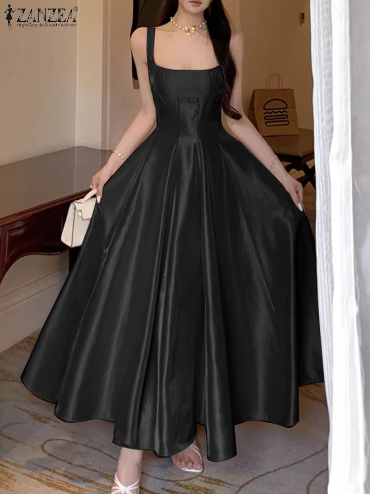 ZANZEA Women's Elegant White Satin Long Dresses Wedding Guest Cocktail Evening Party Dress Square Neck Sleeveless Robes Femme
