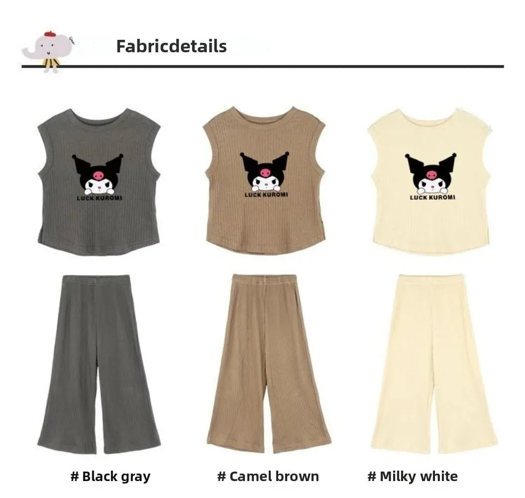 2026 Summer Kuromi Anime Kawaii Baby Ice Silk Sleeveless Vest Top Pants Two Sets Cute Cartoon Children Clothes Gifts for Kids