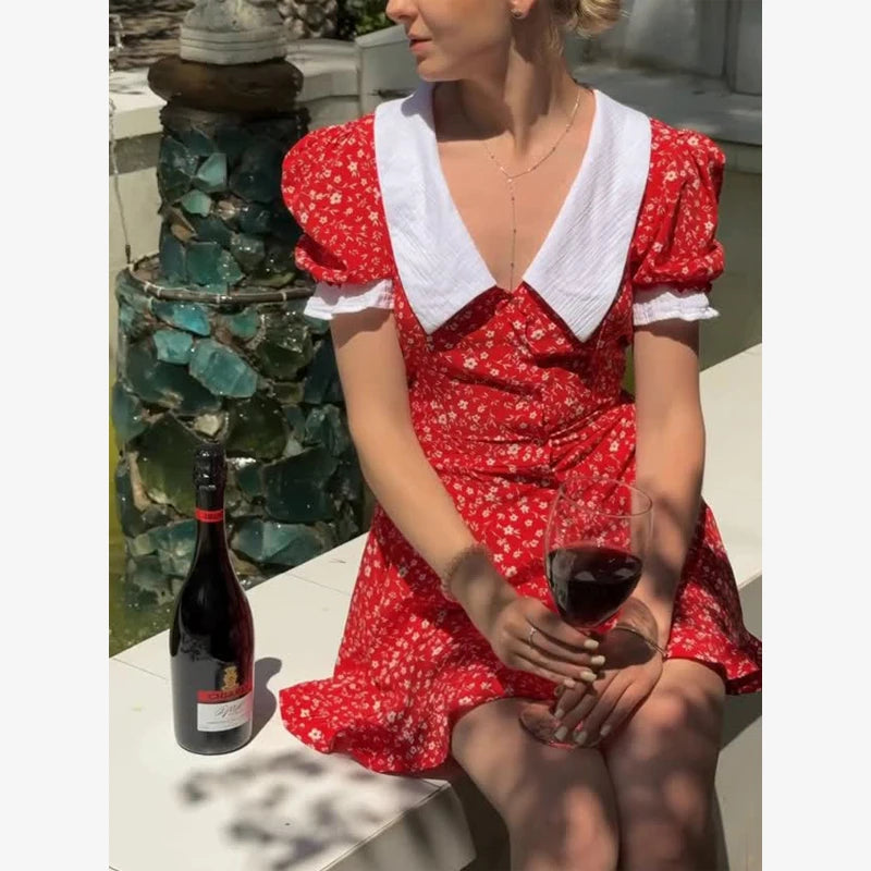 Sexy Pink Floral Print Ruffle Slim Short Dress Women Elegant V-neck Pleated Puff-sleeve Ruched Dresses Lady Party Club Robe New