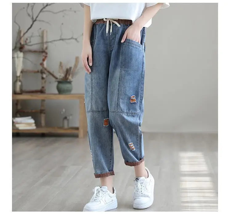 Nine Point ripped Jeans For women Summer 2025 new Loose Thin Elastic waist Casual Harem pants Female denim Ankle Length pants