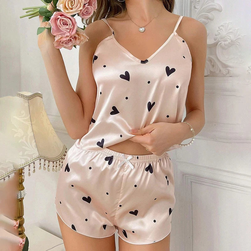 Heart Print Satin Pajama Set for Women Sexy V Neck Sleepwear Summer Cami Tops and Shorts Pajamas 2 Piece Loungewear Home Clothes
