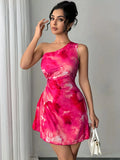 Summer Elegant Ink Print Smudge Cut-out Waist Dress Slanted Shoulder Collar Pressed Pleated Women's dresses