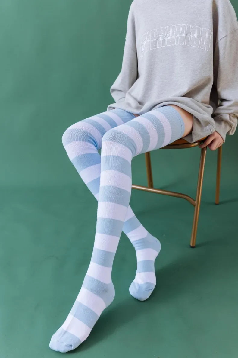2 Pairs Women's Over The Knee Socks Cotton Thigh High Socks Black White Blue Colorful Striped Pattern Fashion Casual Daily Wear