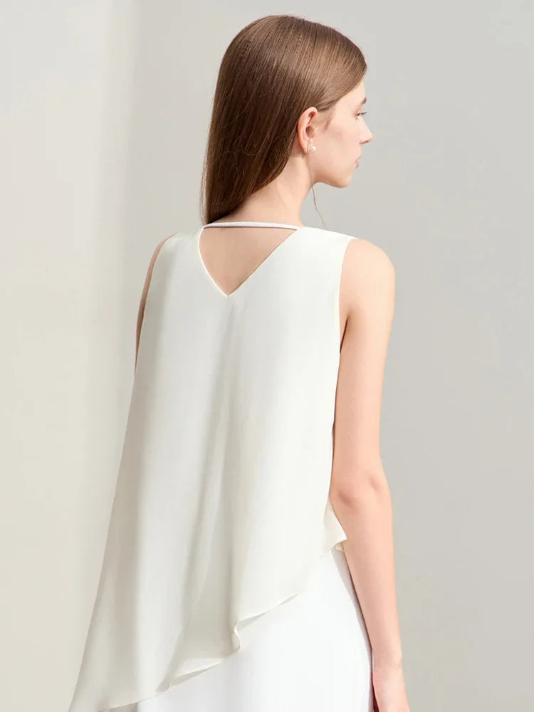 Amii Minimalism 2024 Women Dresses Summer New Vacation Style V-neck Spliced Chiffon Female Sleeveless Loose Dress 12452102