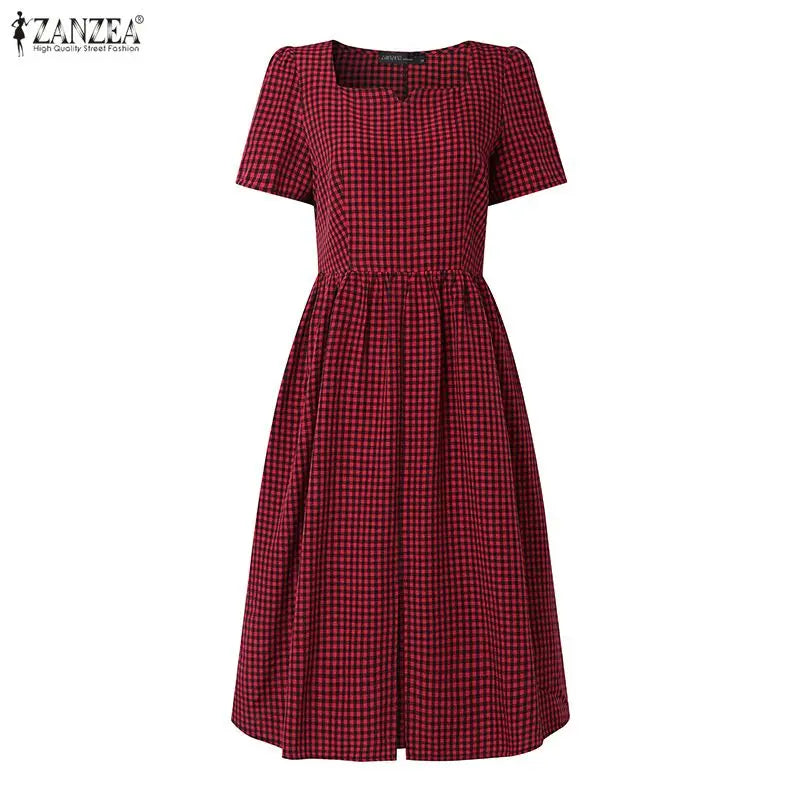 Women Summer Plaid Dress 2026 ZANZEA Elegant Square Neck Short Sleeve Midi Dresses Casual Work Vestidos Stylish Holiday Sundress