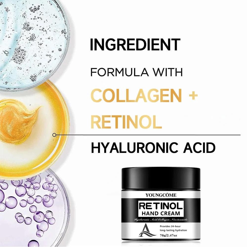 YOUNGCOME Retinol Hand Cream with Hyaluronic Acid & Collagen - 24-Hour Long-Lasting Hydrating Hand Moisturizer 40/70g