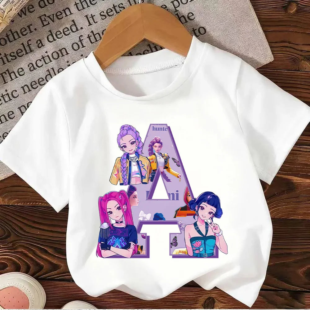 Kpop Demon Hunters Letter A-Z T-shirt Kawaii Rumy Birthday Tops Party Wear Girls Tee Summer Short Sleeve Cotton Kid Clothes