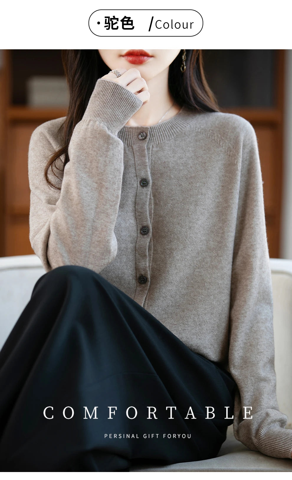 Classic Merino Wool Woman Sweater Basic Female Autumn Winter Knitted Cardigan Elegant Ladies Cashmere Long Sleeve Clothing Tops