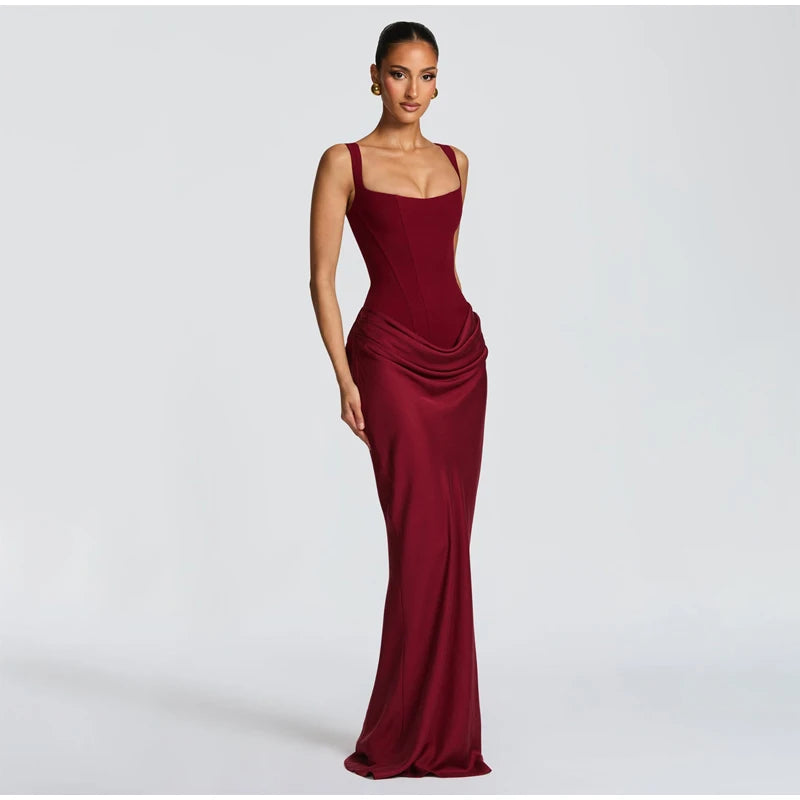 Women's Red Pleated Sling Maxi Dress Square Neck Sleeveless Off-shoulder Waist Cinching Slim Dresses Fashion Evening Party Gowns