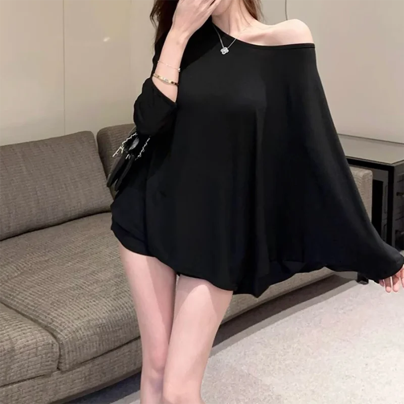 Solid Oversized T-shirt for Women's Casual Loose Top Fashion Bat Sleeves Simple Sexy Off Shoulder Korean Baggy T shirts Autumn