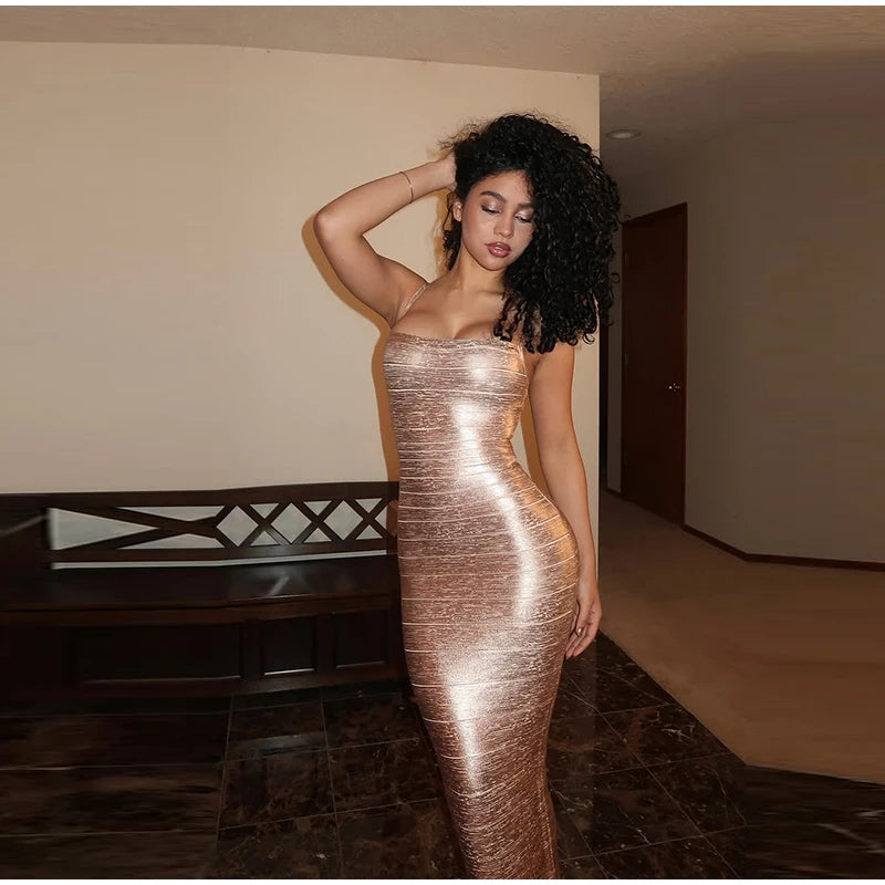 Metallic Shimmer Spaghetti Strap Sweetheart Neck Maxi Dress Bodycon Bandage For Women Night Out Party And Evening Wear