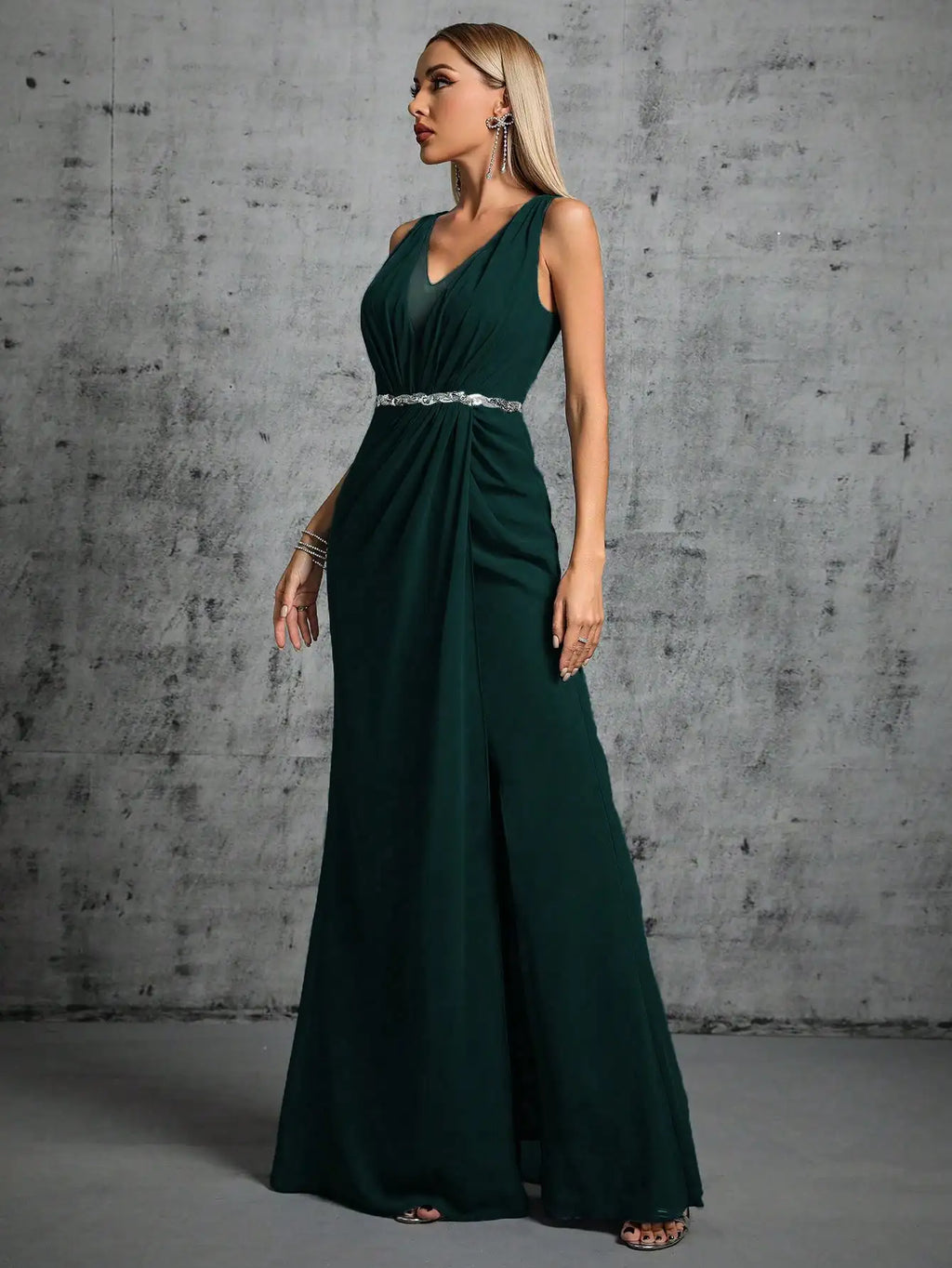 Mgiacy Shoulder deep V-neck silver sequin belt pleated chiffon slit skirt Evening gown Ball dress Party dress Bridesmaid dress