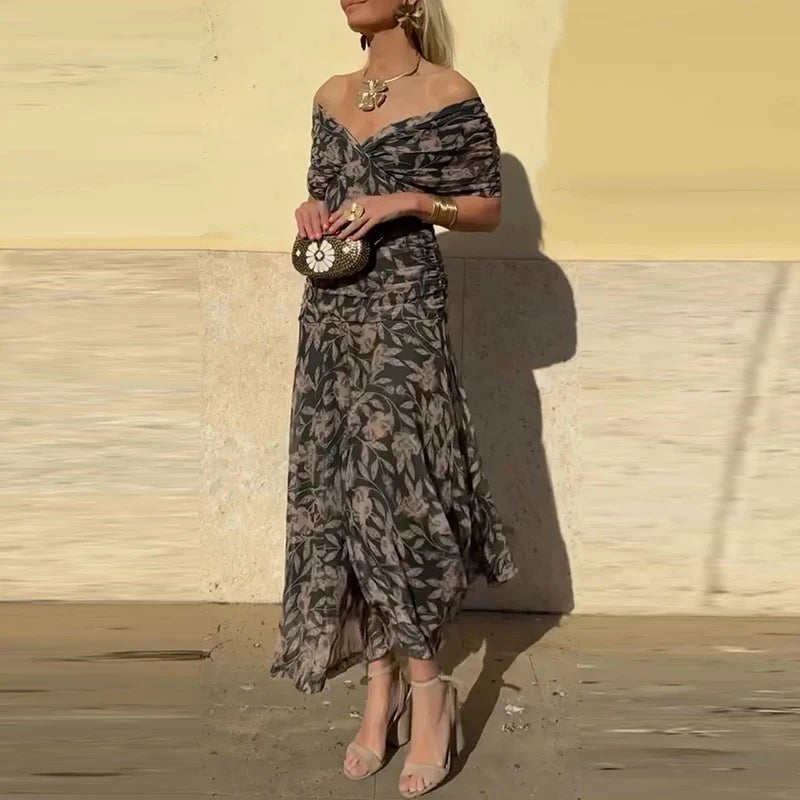 2025 Floral Print High Waist Pleat Party Dress Elegant Women Bat Sleeve Swing Party Dress Female Chest Low Cocktail A-Line Dress