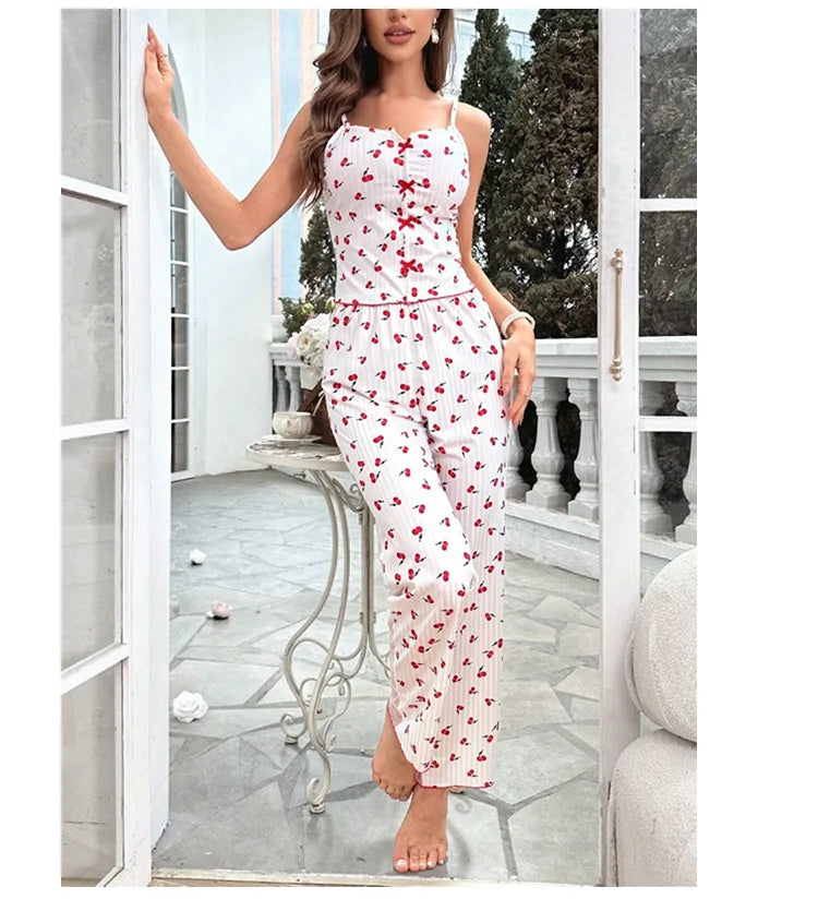 Women's Sleepwear & Loungewear Heart Print Contrast Lace Pajamas Pj Set Summer Sleevelss Cami Top & Elastic Pants Pyjama 2 Piece