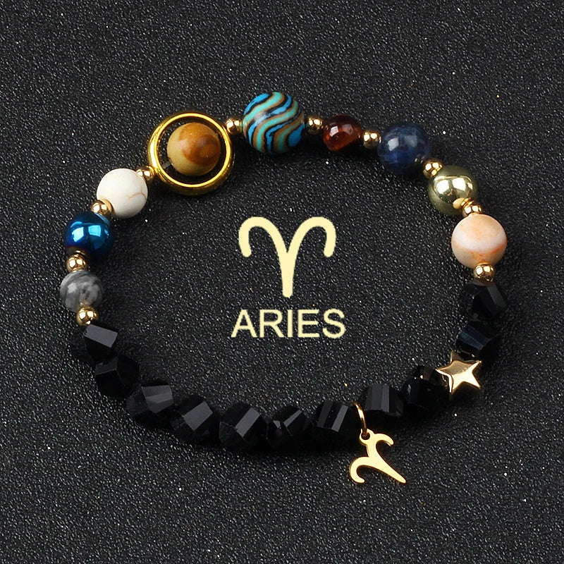 Universe Galaxy Eight Planets 12 Constellation Bracelets for Women Natural Stone Solar System Bracelets Libra Virgo Leo Jewelry