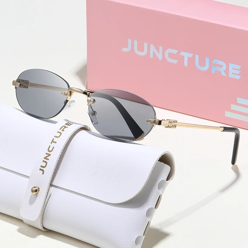 JUNCTURE Popular Fashion Oval Sun Glasses for Female Male Travel UV400 Shades Women Men Rimless Sunglasses Lentes De Sol Mujer