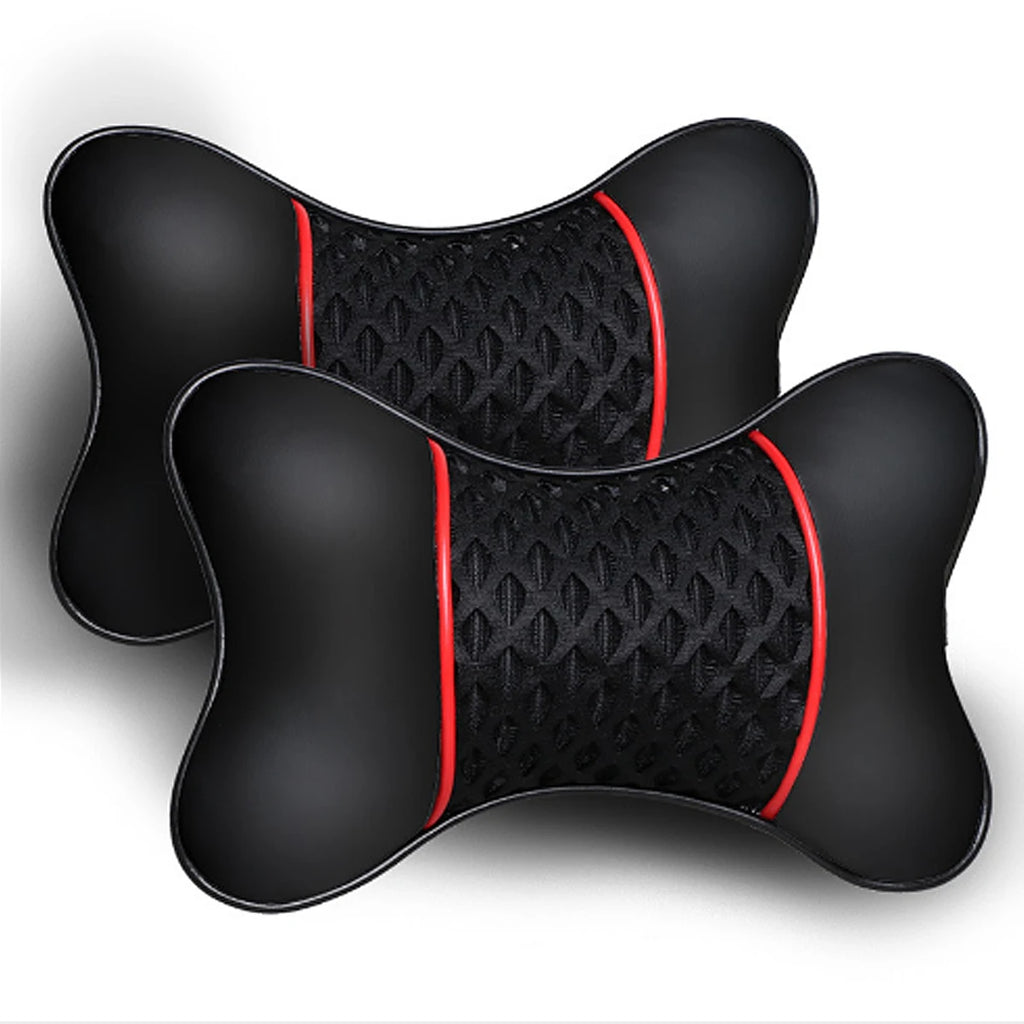 2Pcs PU Leather Knitted Car Pillows Headrest Neck Rest Cushion Support Seat Accessories Auto Black Safety Pillow Universal Decor