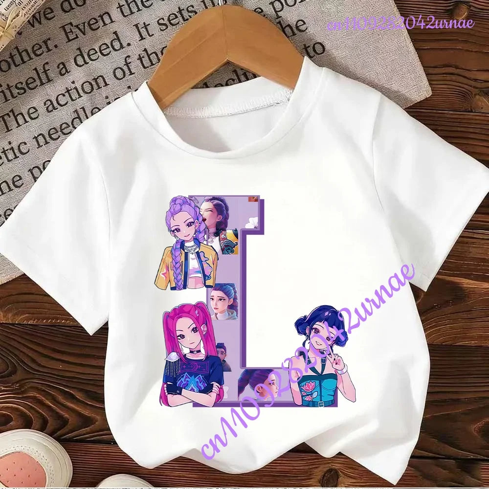 Kpop Demon Hunters Letter A-Z T-shirt Kawaii Rumy Birthday Tops Party Wear Girls Tee Summer Short Sleeve Cotton Kid Clothes