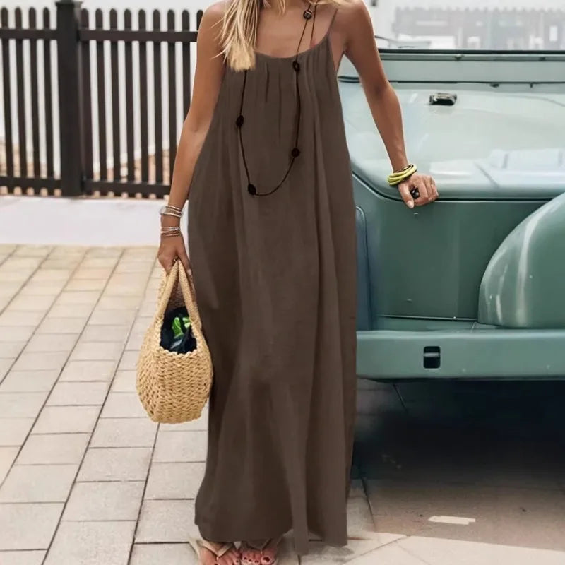 2026 Solid Color Vacation Cool Homewear Loose-Fit Spaghetti Strap Dress Women's Casual Homewear Summer Dress