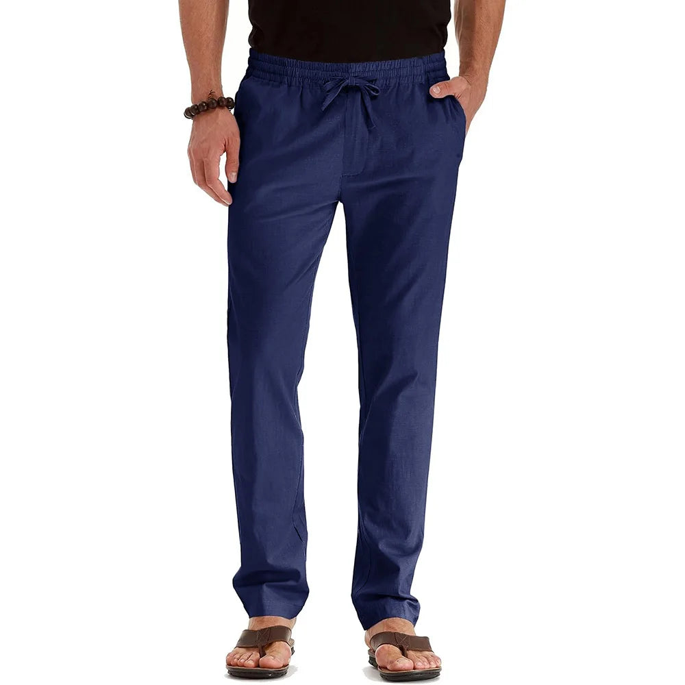 Men's Spring Summer New Cotton Linen Long Pants Vacation Hawaii Casual Trouser Straight Leg Lightweight Sweatpants