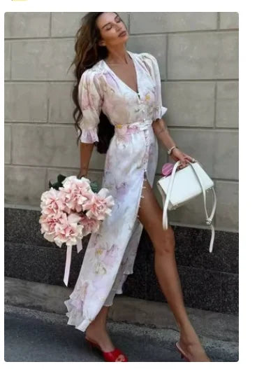 Organza Floral Printed Maxi Dress V-neck Puff Sleeve 2026 Spring/summer Romantic Women Party Gown Fashion Elegant Lady Vestido