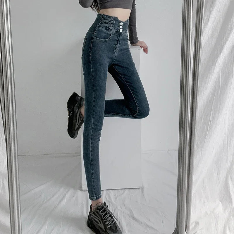 Skinny Pencil Y2K Jeans Four Buttons Vintage High Waist Women Slim Stretch Denim Pants Tight Trousers 2025 Women's Denim Pants