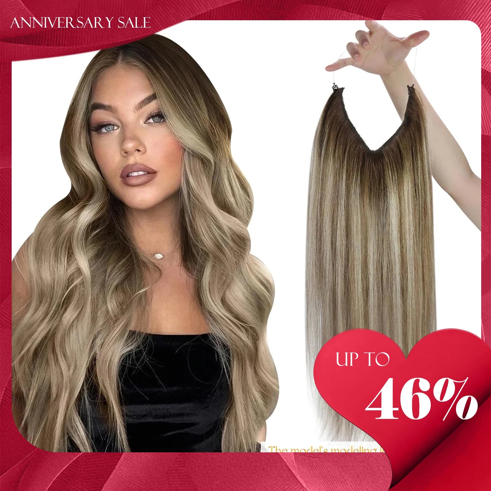 VeSunny Fish Line Human Hair Extension Wire Natural Hair One Piece Invisible Wire Hair Weft with 2 Clips Blonde Soft Remy Hair